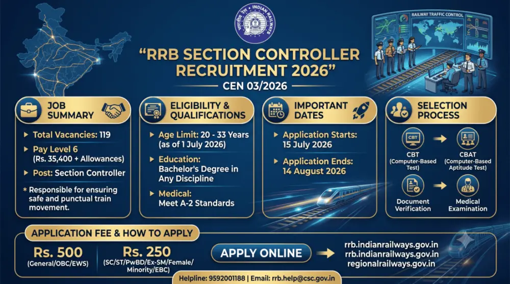 RRB Section Controller Recruitment 2026: 119 Vacancies, Apply Online, Eligibility & Selection Process